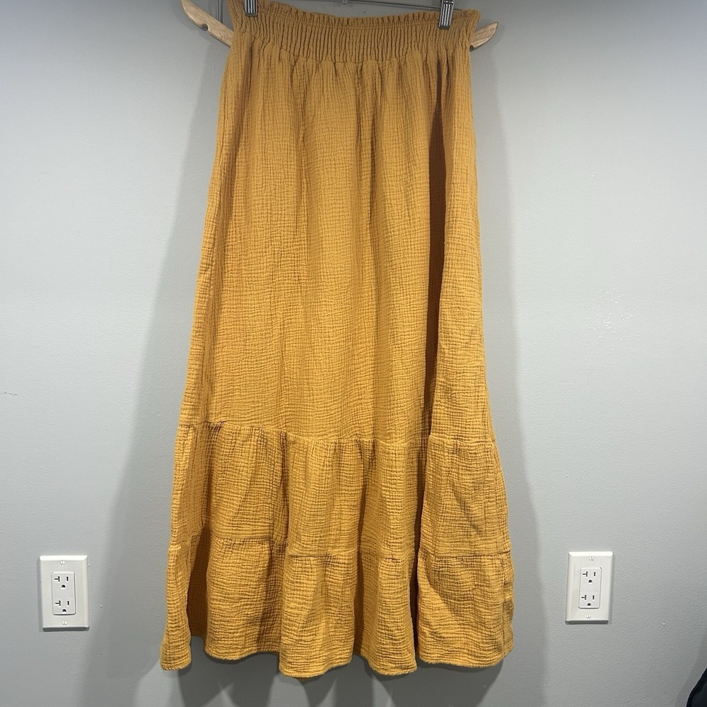 4 Our Dreamers Yellow Medium Maxi Skirt Bohemian Hippie Relaxed Casual Tiered
